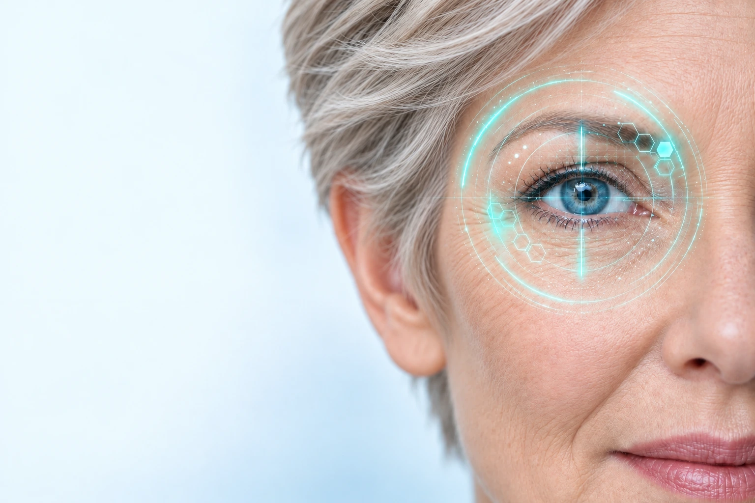 Close-up portrait of an older woman with a subtle futuristic turquoise pattern around her eye